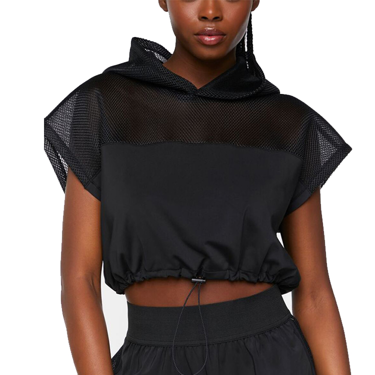 High Quality New Desgin Ladies Sports Gym Hoodie Wholesale Custom Crop Top Fitness Women Hooded T-shirt With Mesh 