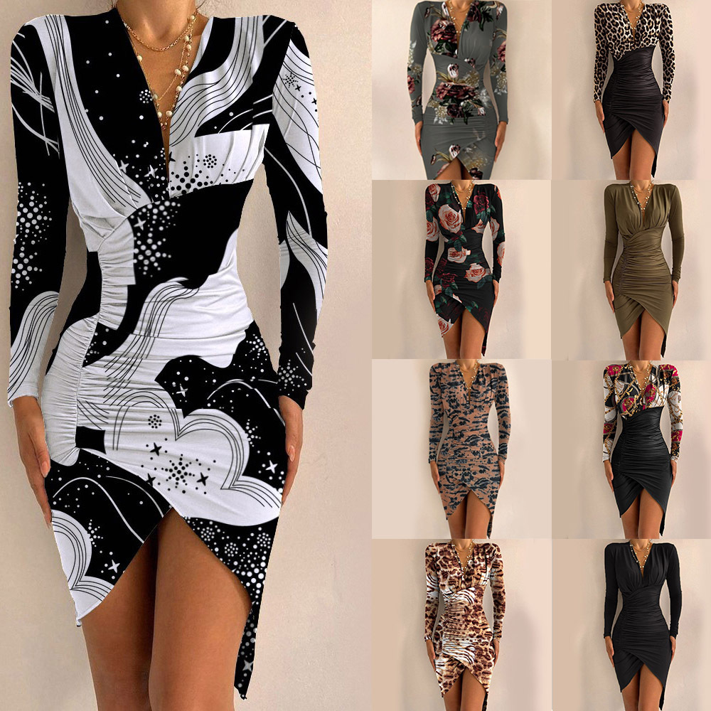 2022 Autumn Long-sleeved V-neck Printed Tight-fitting Slit Dress Women's Clothing 