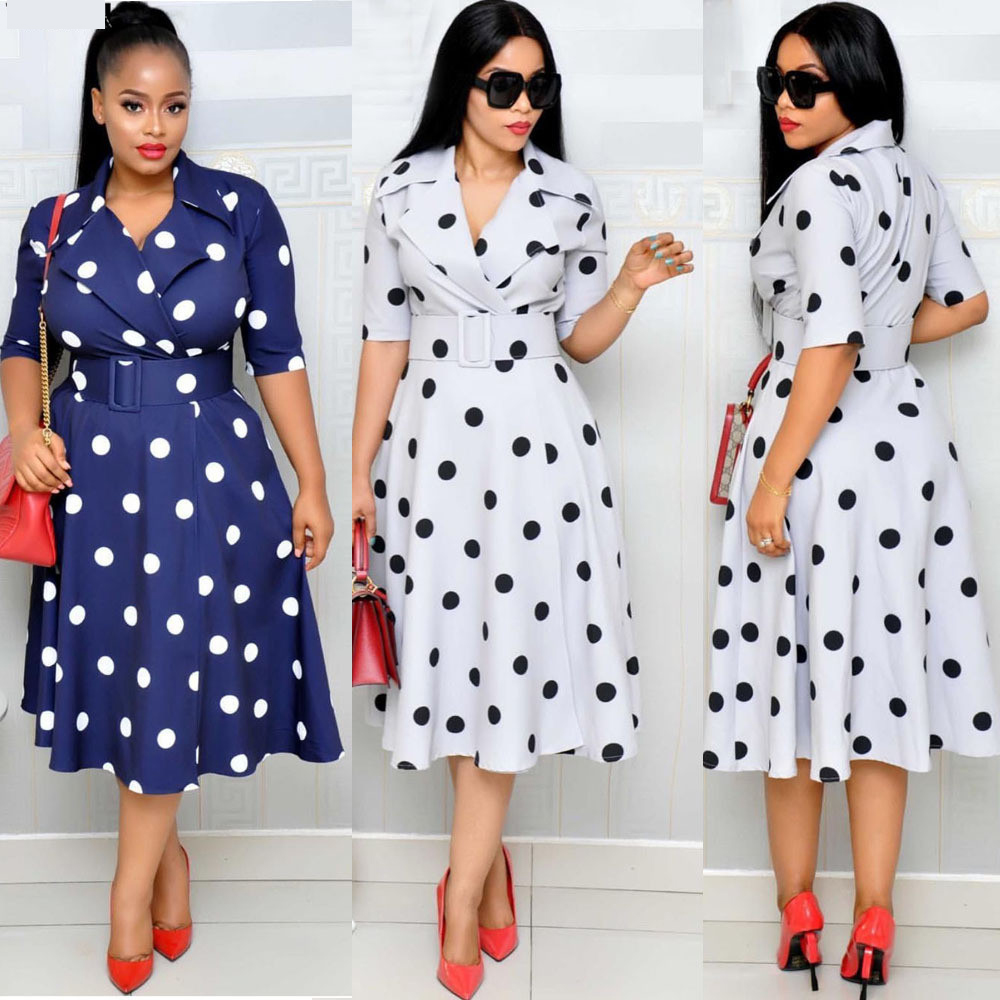 Hot Sale Elegant V Neck Women's Clothing Polka Dot Elegant Tie Waist A-line Belted Office Dress 