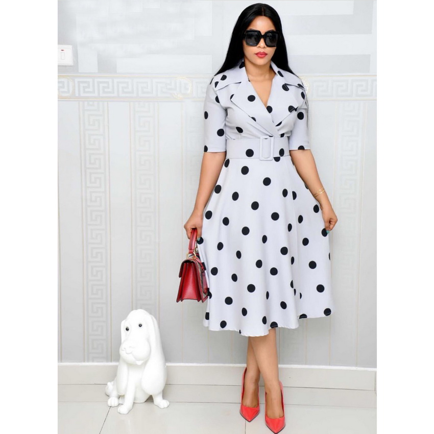 Wholesale Customize Large Lapel Women's Clothing Polka Dot Elegant Tie Waist A-line Belted Office Dress Plus Size Woman Dress 