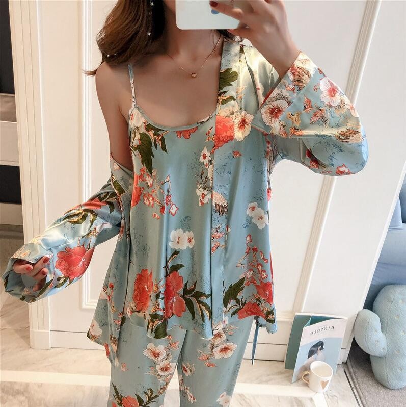 2022 New Design Fashion Lace Pajama Set Sexy Flower Color Nightdress Women's Sleepwear 3 Piece Set 