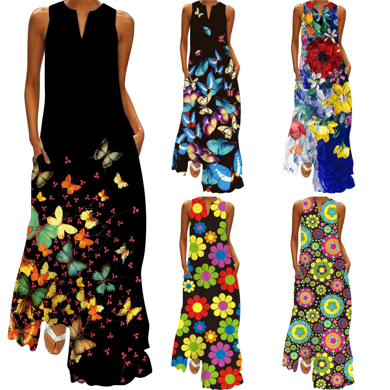 2021 Summer New Style Printed V-neck Pocket Long And Large Retro Dress Comfortable Sexy Fashionable Butterfly Women's Clothing 