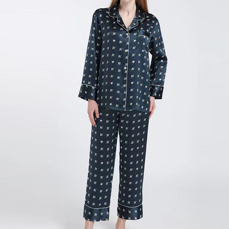 Factory Wholesale Luxury Print Satin 100% Mulberry Silk Pajama 2pcs Women Silk Sleepwear Set 
