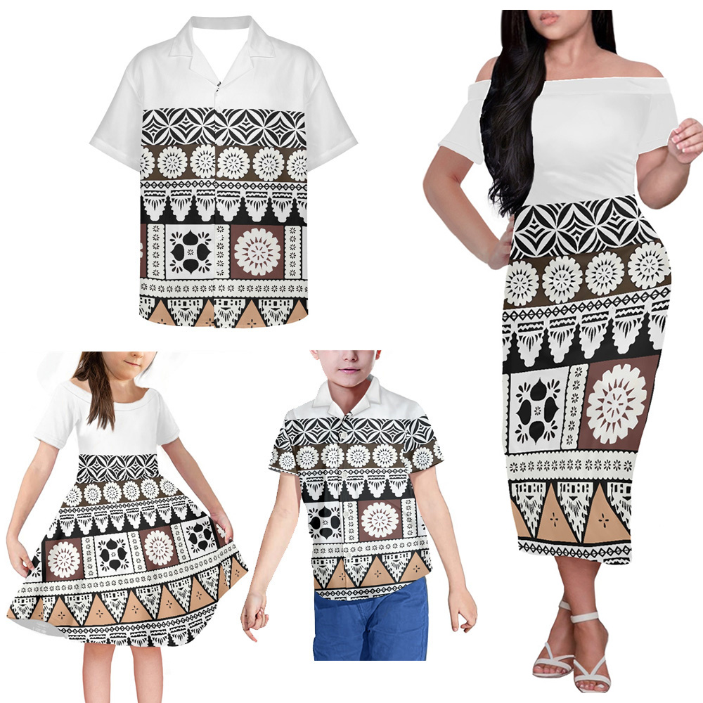 Exquisite Fiji Tapa Design Dress Women Off Shoulder Adult Children's Clothing 4-piece Sets Family Set Plus Size Dresses 