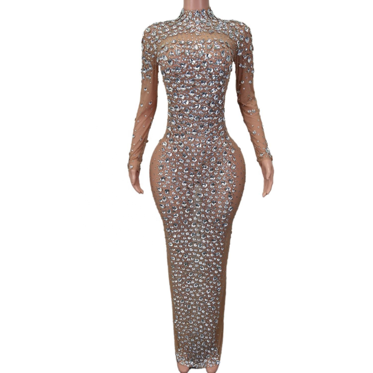Boutique Clothing Elegant Nude See Through Rhinestone Birthday Wedding Formal Prom Long Dress Women Banquet Party Evening Dress