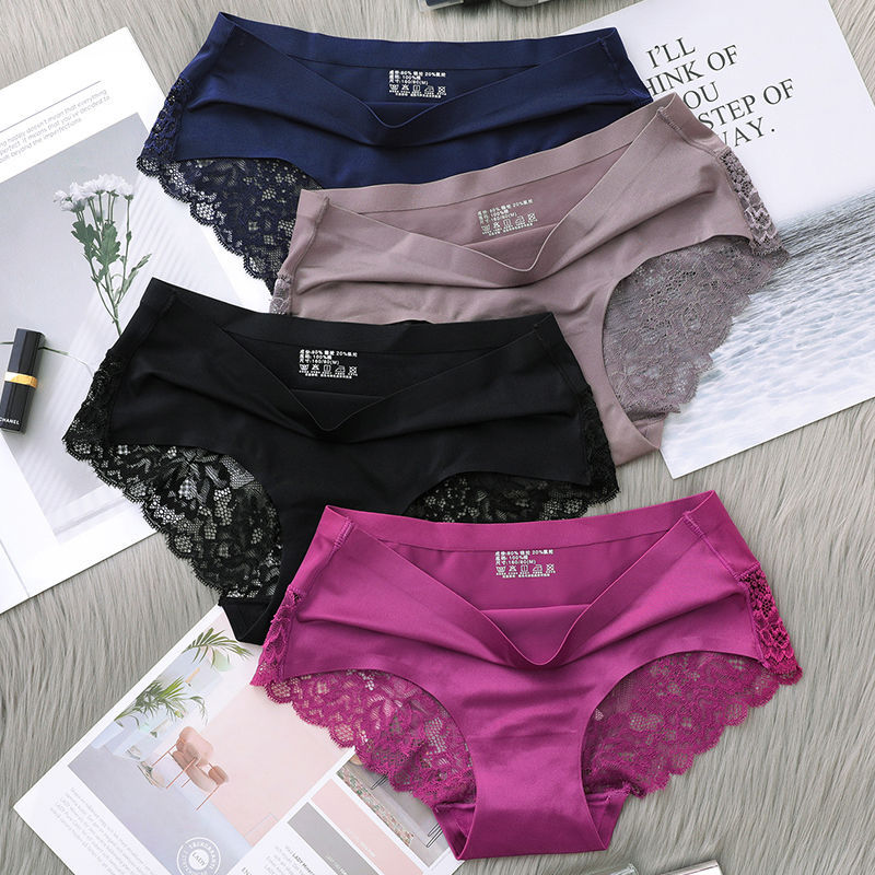Dropshipping M-2xl Ladies Sexy Briefs Seamless Lace Women's Panties Plus Size Satin Ice Silk Plus Size Women's Underwear 
