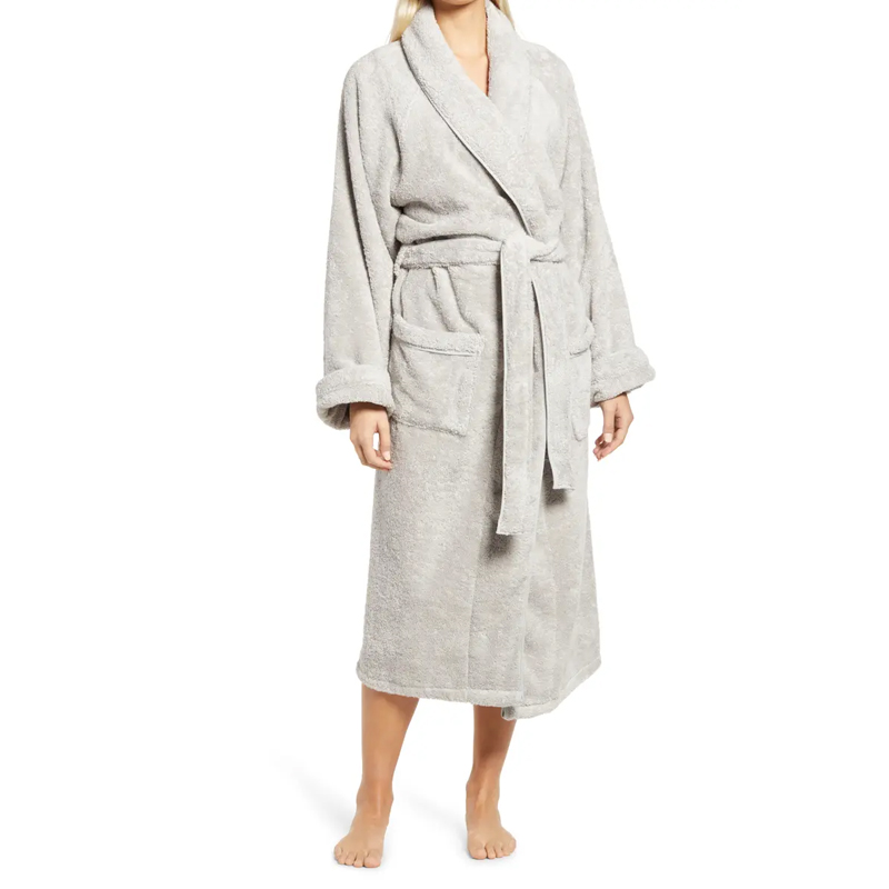 Plush Cotton Towel Fabric Plush Shawl Collar Front Patch Pocket With Removable Belt Plus Size Women's Home Casual Nightgown 