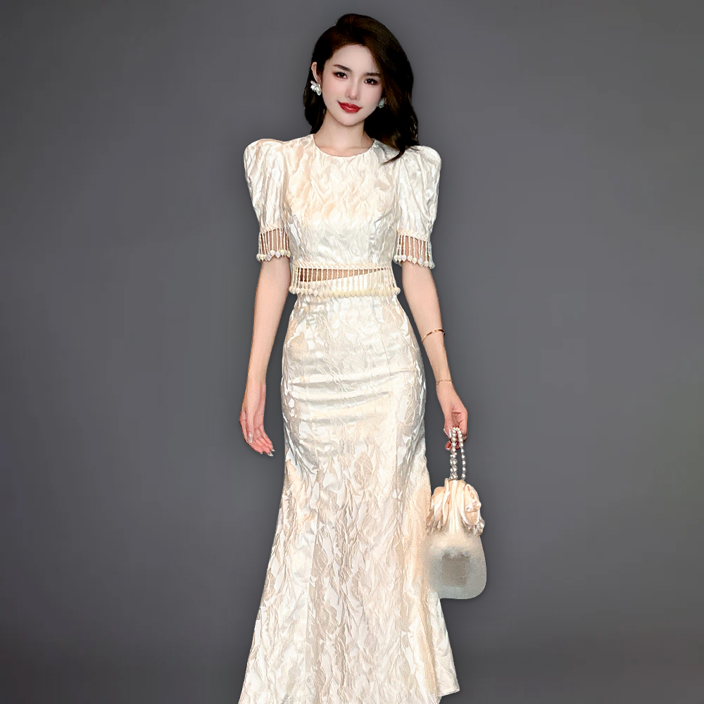ZYHT 10521 Fashion Summer Sets for Women High End Satin Short Sleeve Tassel Crop Top Fishtail Long Skirt Two Pcs Tropical Set
