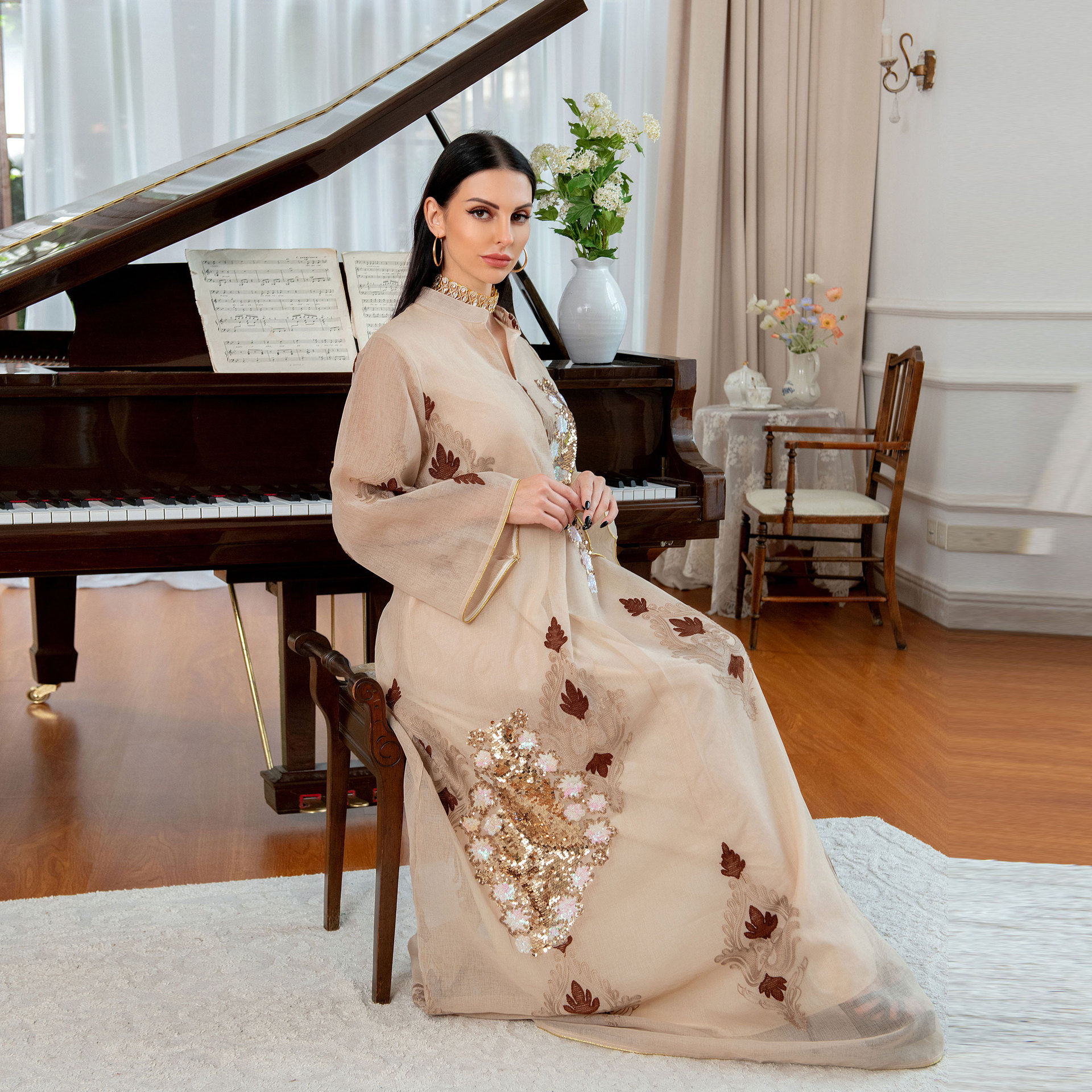New Fashion Women Muslim Dress Puffy Sleeves Printed Abaya 2022 Kaftan Moroccan Dresses 