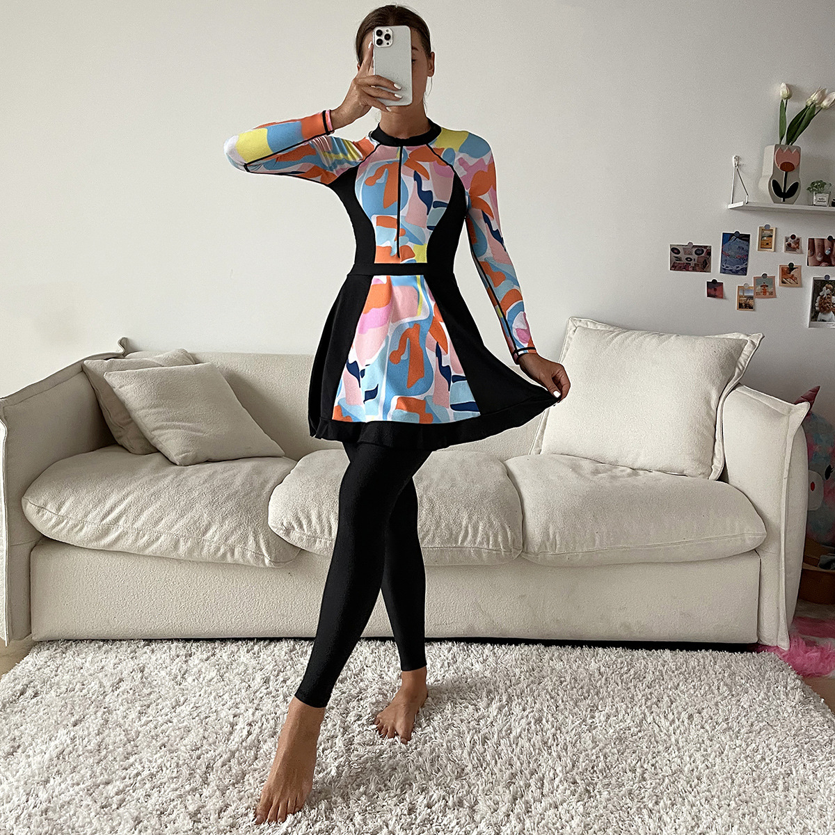 2023 New Muslim Swimsuit Print Conservative All Around Swimsuit Three Piece Long Sleeve Borkini For Islamic Women Swimwear 