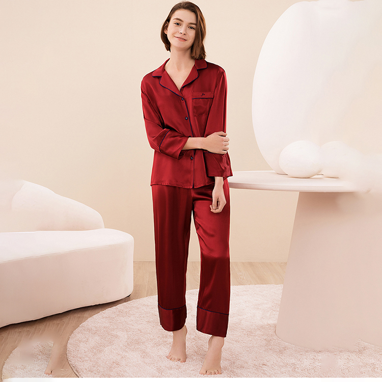 Women's Sleepwear Silk New Arrival Summer 100% Mulberry Silk Long Sleeve 2 Piece Set Home Wear Ladies Silk Pajamas 