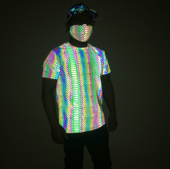 Customized High Light Rainbow Pattern Printing Reflective Black New Fashion Trend Casual Crewneck Short Sleeve Men's T Shirt 