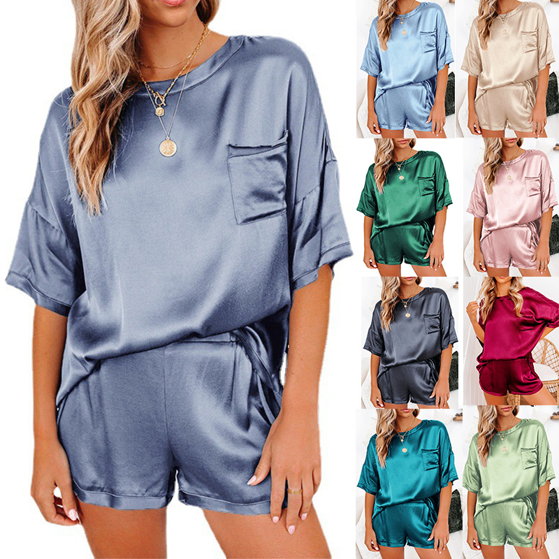 Ns2008 Amazon Top Sellers Solid Color Silk Pajamas Women's Sleepwear Satin Pajama Sets 
