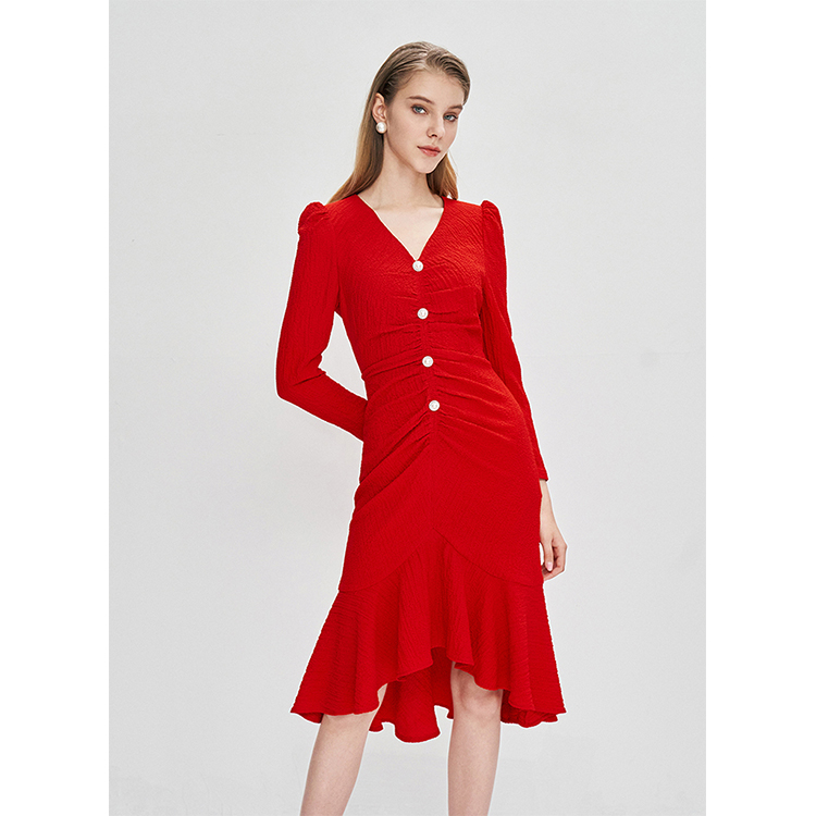 Best Selling Sexy Solid V Neck Sleeveless Button Pleated Slit Carnival Mother Outfit Pleated Women Ruffle Dresses 