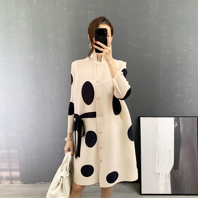 Fxz Fall 2021 New Design Miyake Pleated Wave Dot Coat Belted Breasted Cropped Sleeves Pleats Women Cardigan 
