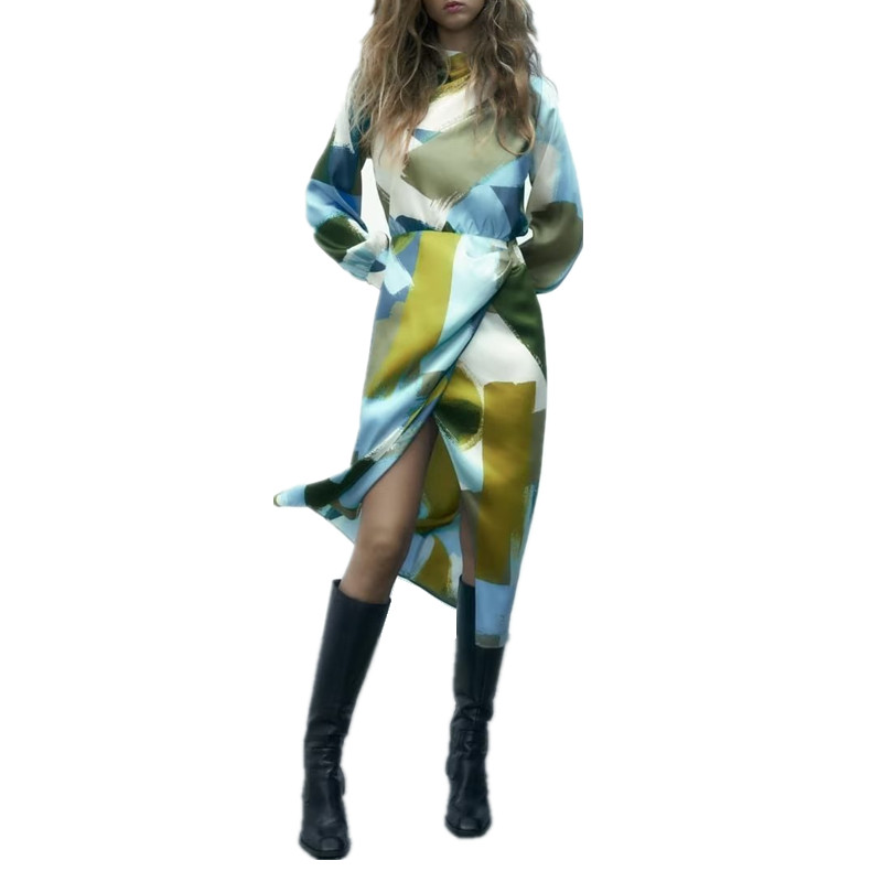 Pb&amp;za 2023 Spring New Elegant Printed Midi Dress Stand Collar Long Sleeves Slit Fashion Wholesale Women's Clothing 2393101 