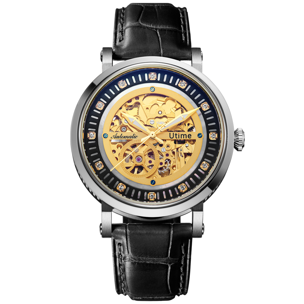 Utime Luxury Automatic Mens Watch Genuine Leather Hollow Design Fashion Watch Men Mechanical Wristwatch Relogio Masculino #u0029 