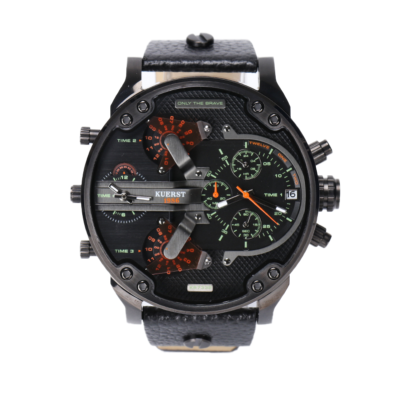 Kuerst High End Stainless Steel Black Large Dial Men's Watch Multi Functional Sport Time Quartz Watch 