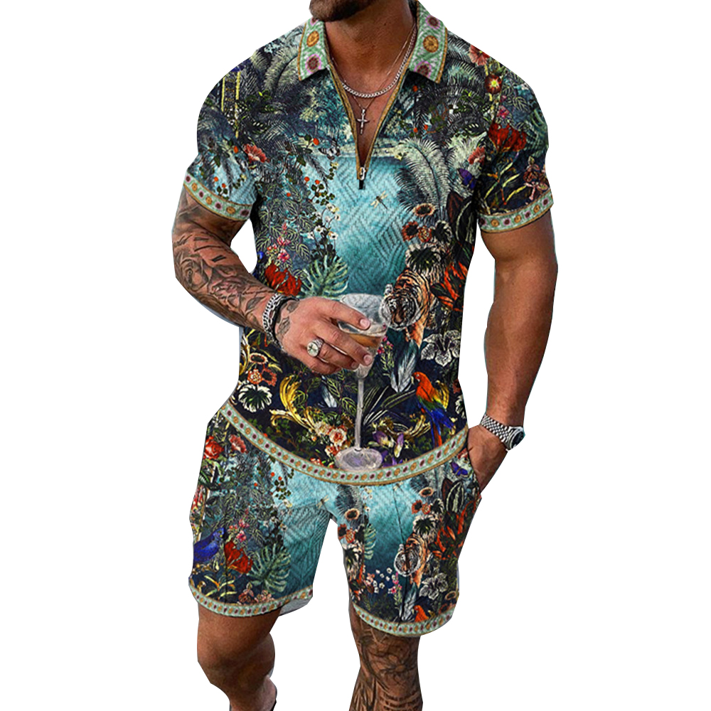 New 3d Digital Printing Fashion Men's Short Sleeve Polo Shirt Two Piece Set 