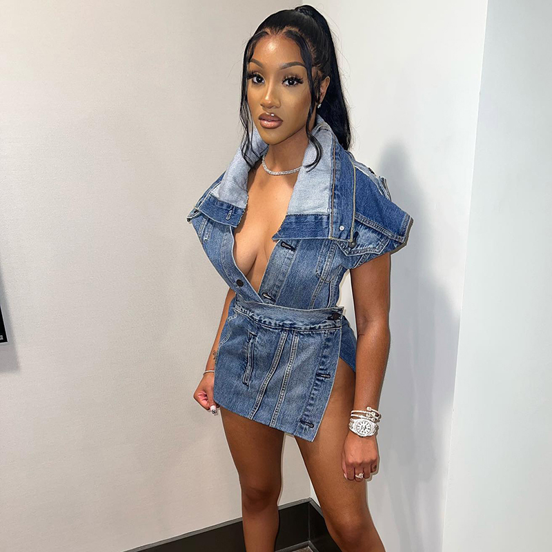 2022 High Quality Summer Knit Fashion Denim Mini Length Ladies Women Casual Dress 
