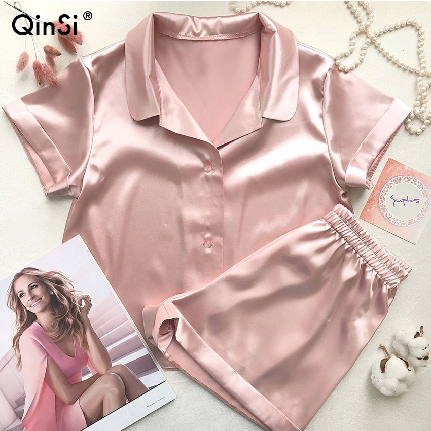 Qinsi Women's Sleepwear Sexy Satin Pajama Set Pink Satin Turn Down Collar Pyjamas Short Sleeve Solid Satin Top And Shorts 