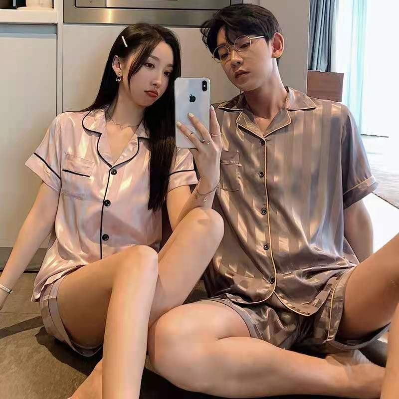 Apparel Stock Couple Matching Clothes Pyjama Satin Silk Summer Pajama Set Luxury Sleepwear Women's For Plus Size Men's Clothing 