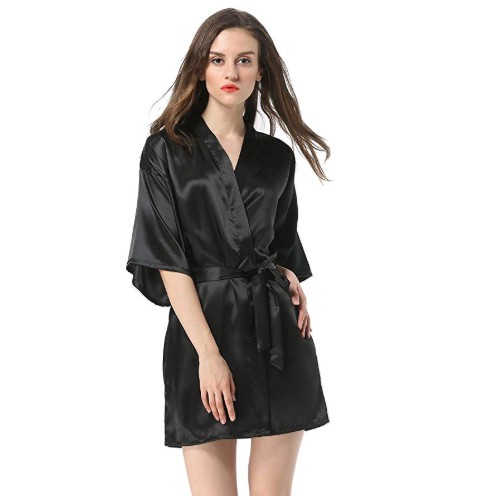 Women's Short Silk Kimono Robes Pure Color Sleepwear Bathrobe For Wedding Party 