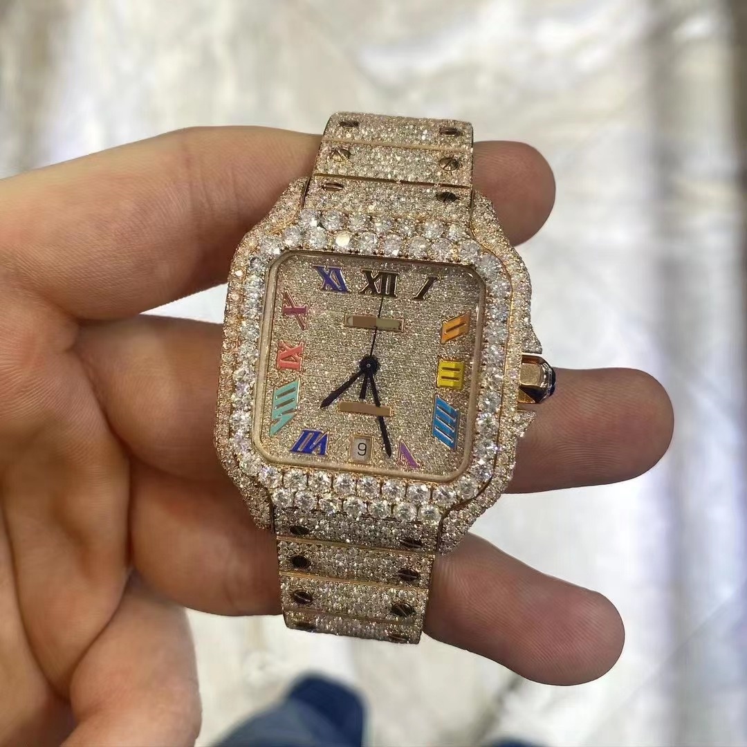 Custom Colorful Roma Numbers Moissanite Iced Out Diamond Gold Brand Watch For Men Women