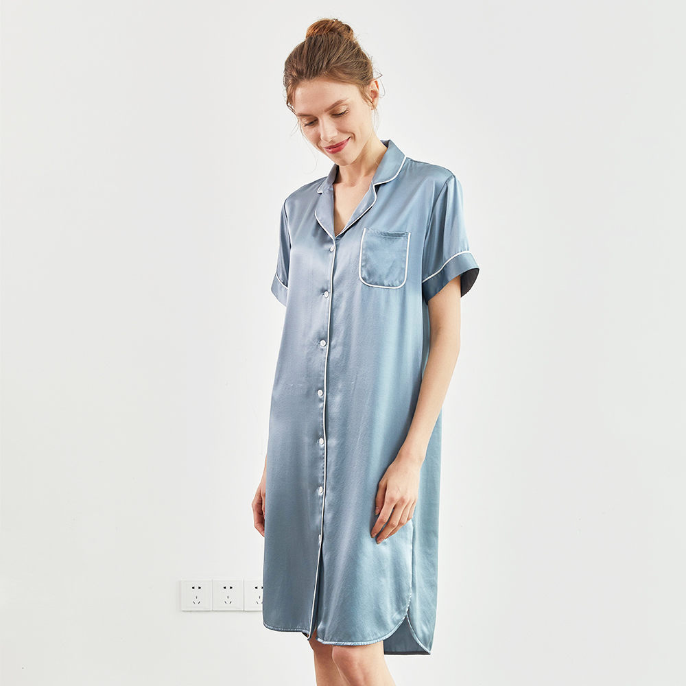 Wholesale Lake Blue Short Sleeve Silk Shirt Dress Short Sleeve Mulberry Silk Pajamas Keep Body Moisture Reduce Skin Friction 