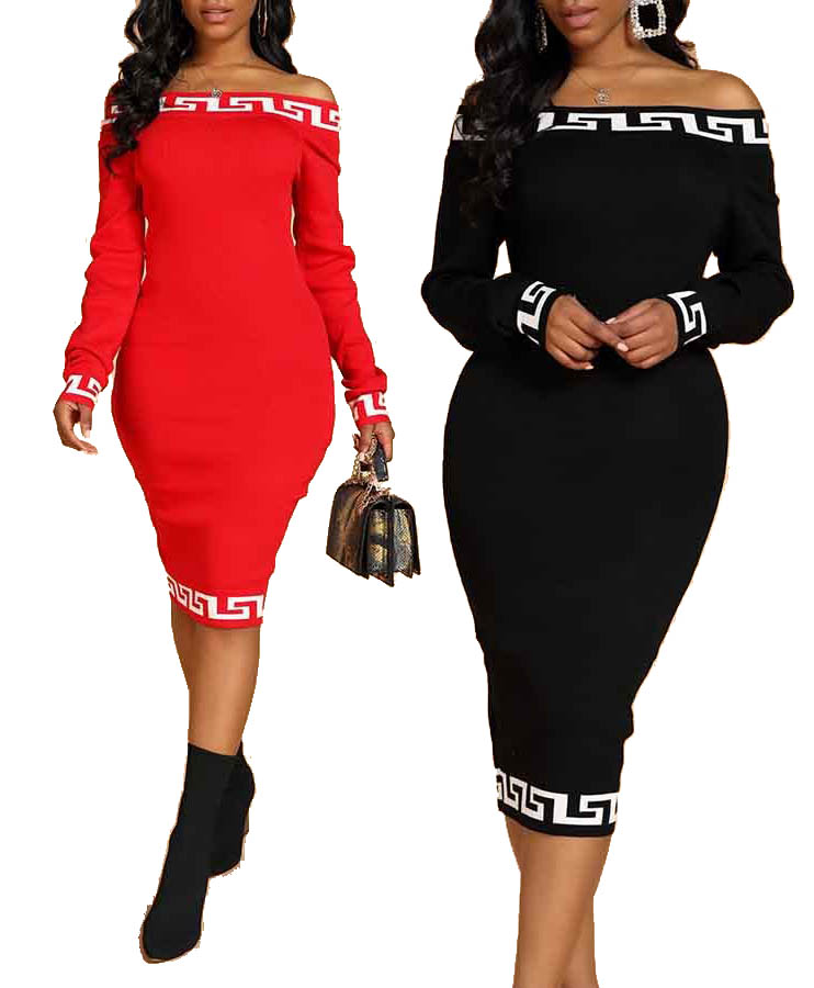 Best Work Out Clothing Women Fashion Casual Slim Dress Plain Stitching Printed Word One Shoulder Plus Size Women's Clothing 