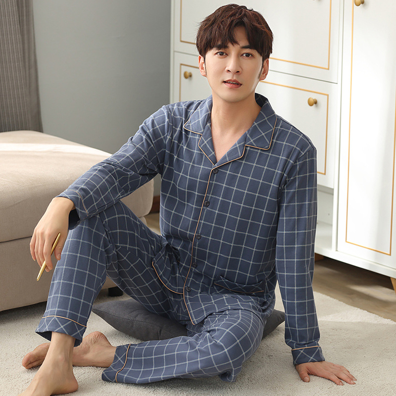2201 Wholesale Mens Pyjamas 100% Cotton Pajamas For Men Long Sleeve Two Piece Pajama Set Top &amp; Pants Men's Sleep Wear 