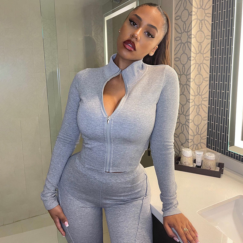 2022 Fall Autumn Women's Zipper Neck Long Sleeve Solid Color Fashion Women Clothing Two Piece Out Outfit Pants Set 