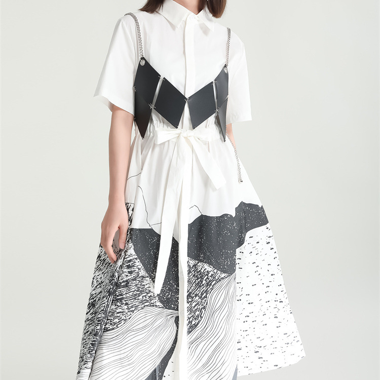 Women's Clothes Dresses Casual Summer Design Sense Abstract Printing Mid-length Dress Loose Swing Shirt Dress 