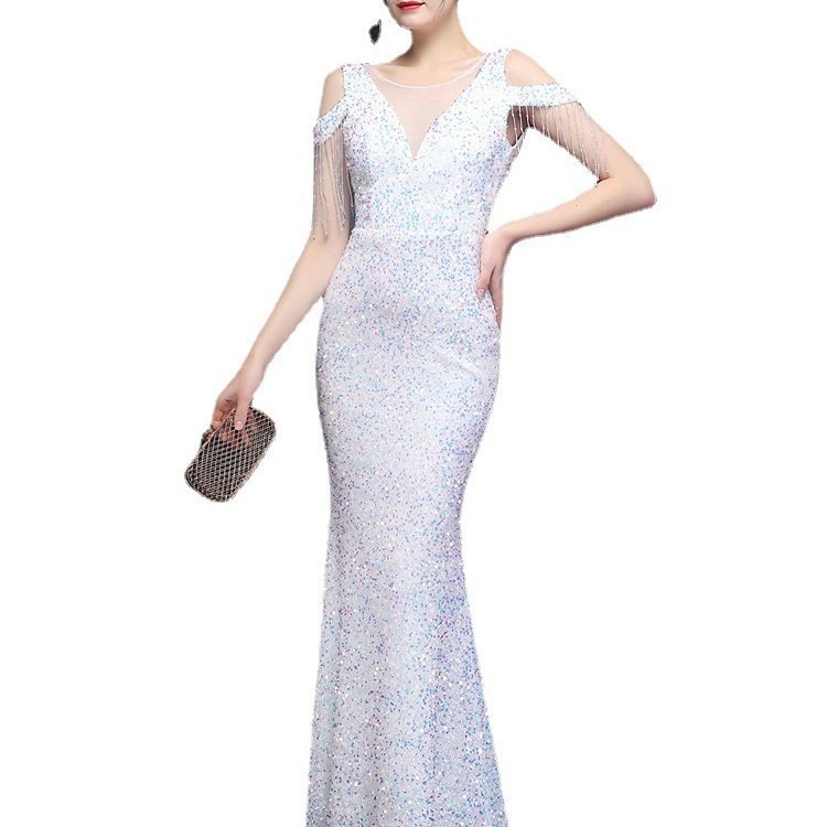 Women 's Glitter Sequin Tassel O-neck Maxi Long Evening Prom Dress Bridesmaid Evening Party Dresses For Women 