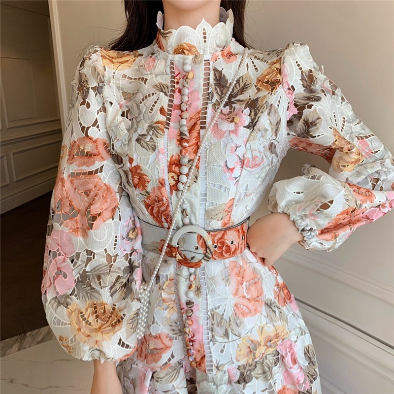 Zyht Hot Selling Women Clothing Fashion Spring Autumn Puff Sleeve Dress Long Sleeve Floral Dress Hollow Out Lace Ladies Dresses 