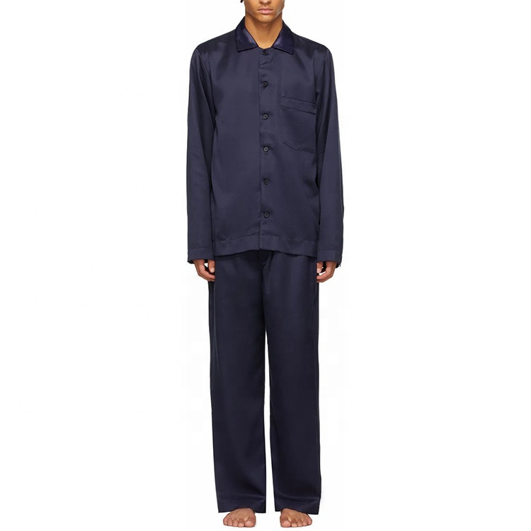 High Quality Fashion Design Custom Navy Silk Satin Men's Pajama Pants Set Sleepwear Men 