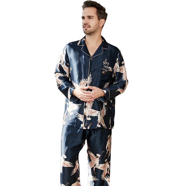 Men's Luxury Silk Sleepwear 100% Silk Pajamas Set Crane Pattern Navy Blue Long Sleeve Silk Satin Pajamas 