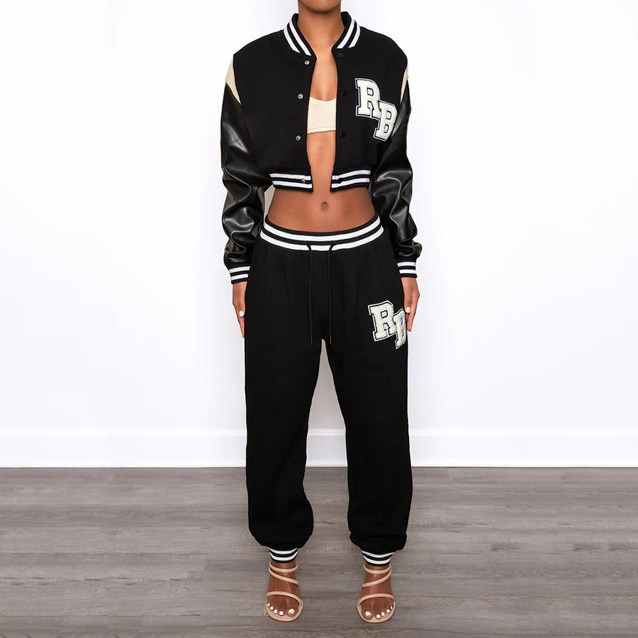 K22c19185 Fall Winter Long Sleeves Letter Embroidery Baseball Uniform Jacket Leather Sleeve Women Varsity Jacket 