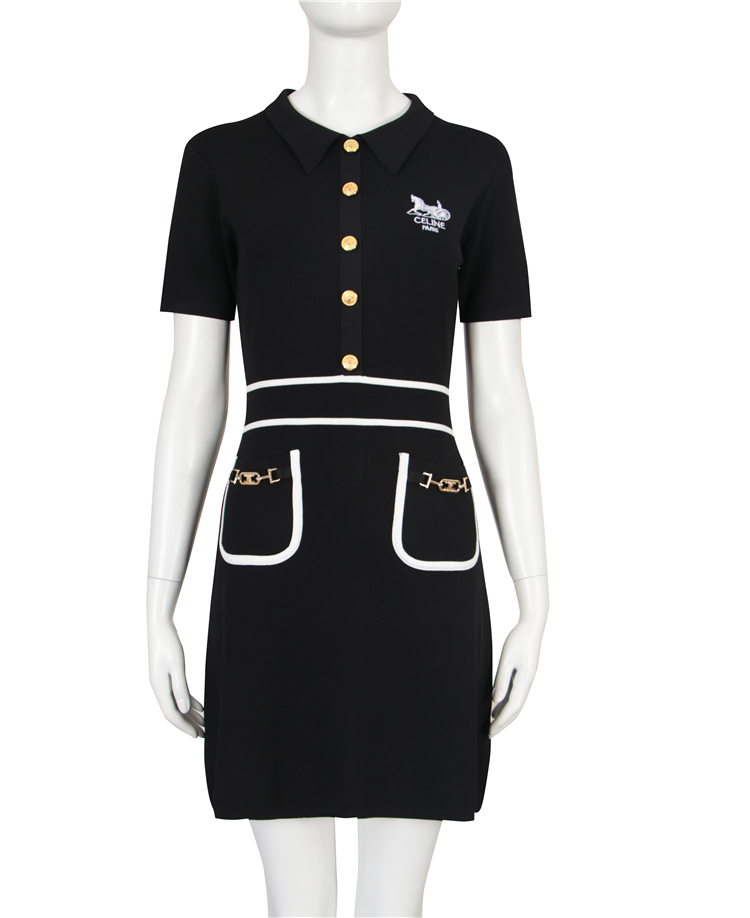 Factory Custom Black Elegant Polo Collar Half Sleeved Women's Clothing Dress Office Women's Knitted Sweater Dress 