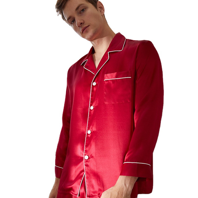Wholesale High Quality 100% Silk Long Sleeve 2 Pieces Set Lightweight Pajamas Male Sleepwear 