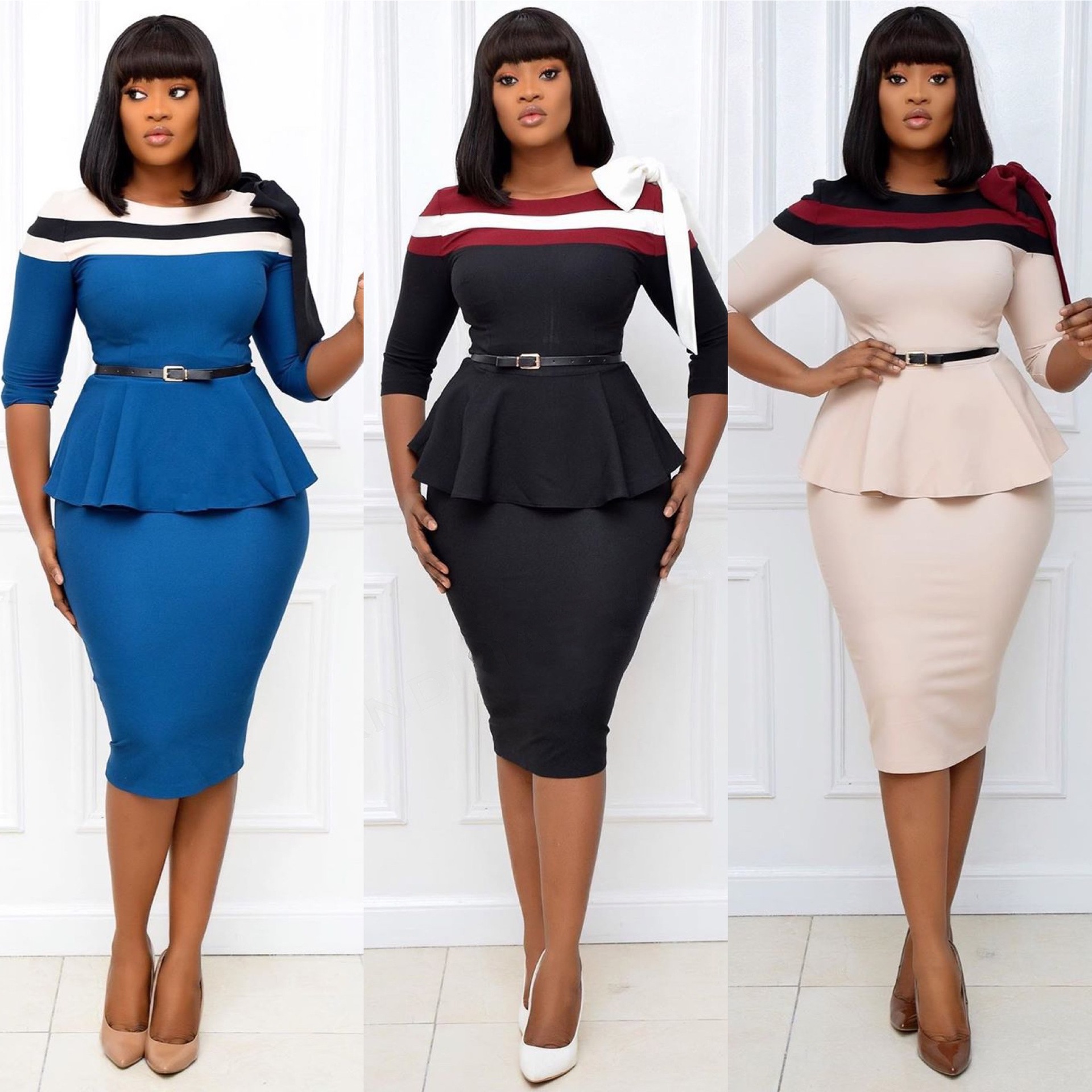 2112 Autumn New Fashion Casual Color Stitching Long-sleeved Round Neck Sexy Belt Tight Dress Women's Clothing 