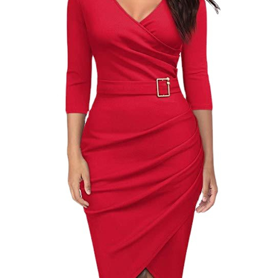2022autumn And Winter New Amazon European And American Three-quarter Sleeves V-neck Office Dinner Party Dress Women's Clothing 