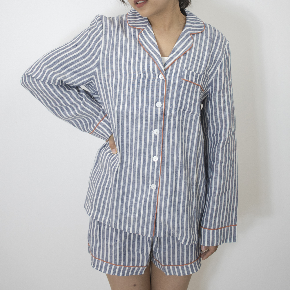 2023 Hot Selling Men Night Wear Woven 2 Pieces Blue Stripe Linen Sleepwear Pure Linen Pajamas Shorts Sets 