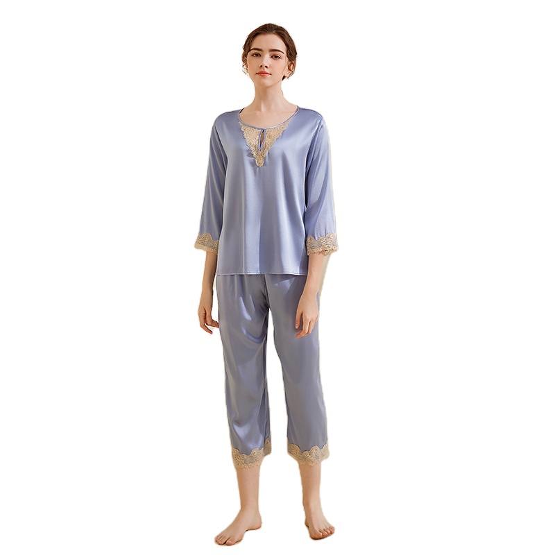 Ladies 16mm Silk Spandex Satin Lace Neck Embroidery Long Sleeve Women's Sleepwear 