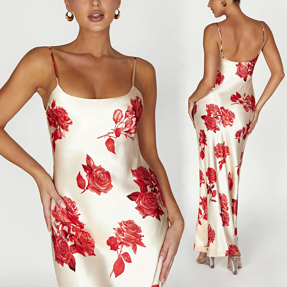 Custom Ladies Elegant Print Milk Silk Women Casual Long Summer Floral Maxi Satine Dress 