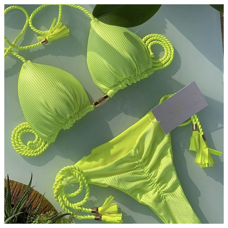 Neon Tassel Bikini Women Ribbed Swimsuit Sexy Swimwear Micro Thong Triangle Bandage Swimsuit 2023 Halter Brazilian Biquini 