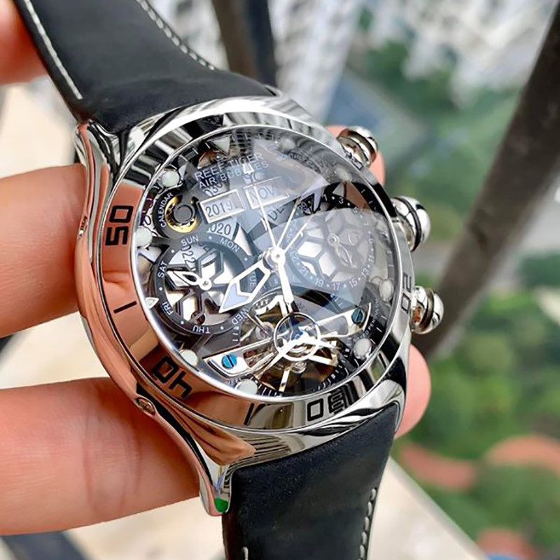 Reef Tiger Mens Sport Watches Skeleton Dial And Hands Year Month Date Day Watch Luminous Black Steel Automatic Watch Rga703 