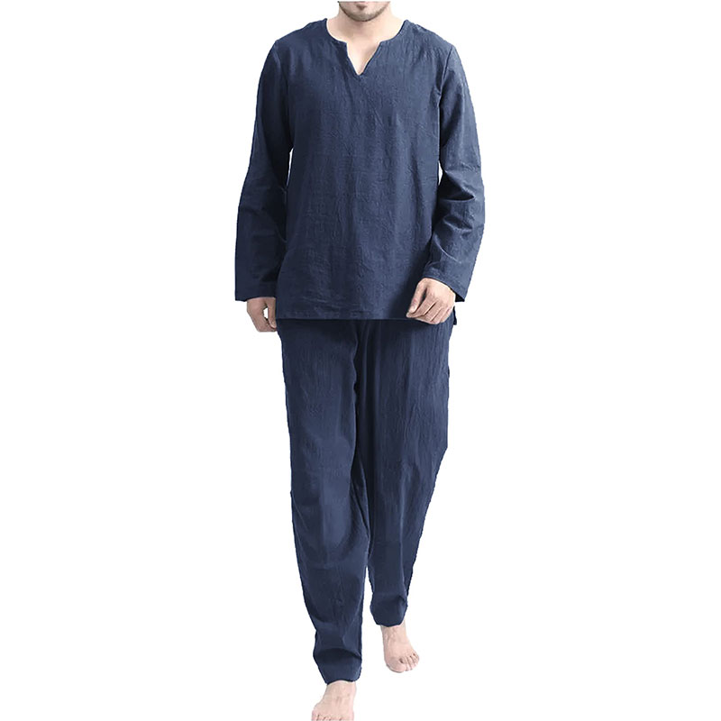 Custom Manufacture Mens Long Sleeve V-neck Yoga Shirt And Pants Casual Cotton Linen Men's Sleepwear Pajamas Set 