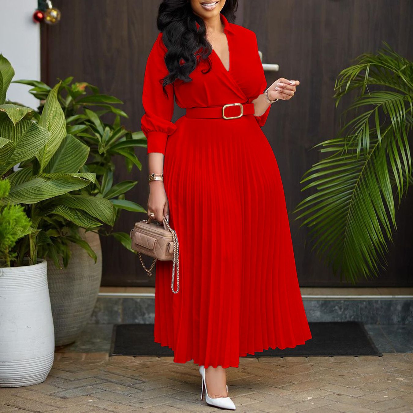 Wholesale Ladies Long Dress With Belt Women's Clothing Party Pleated Dress Long Sleeve Women's Dresses 2024
