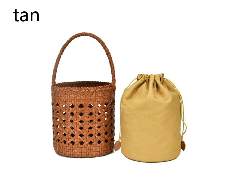 2019 High Quality Ladies Genuine Leather Woven Bucket Bag Hollow Handmade Leather Handbags 